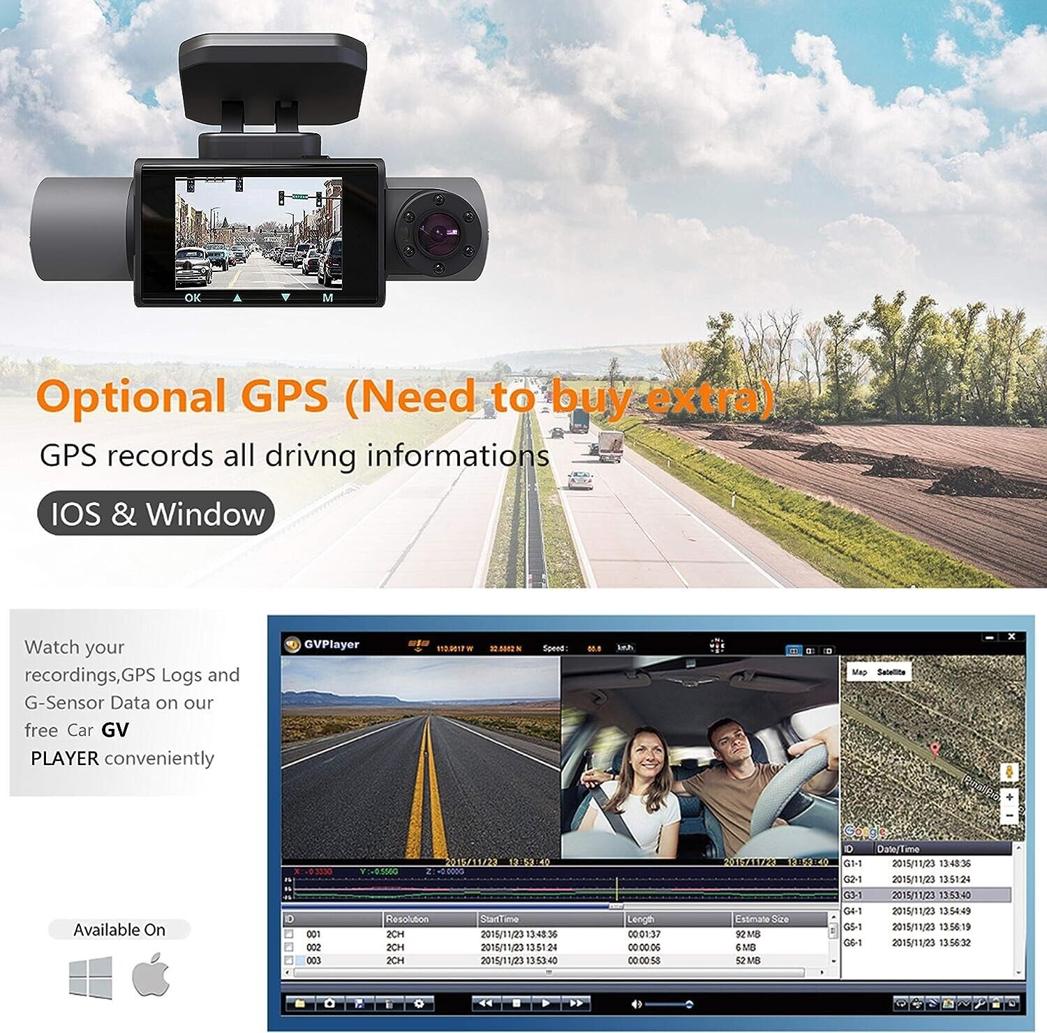 Aolbea 3 Channels Dash Cam with IR Night Vision FHD 1080P