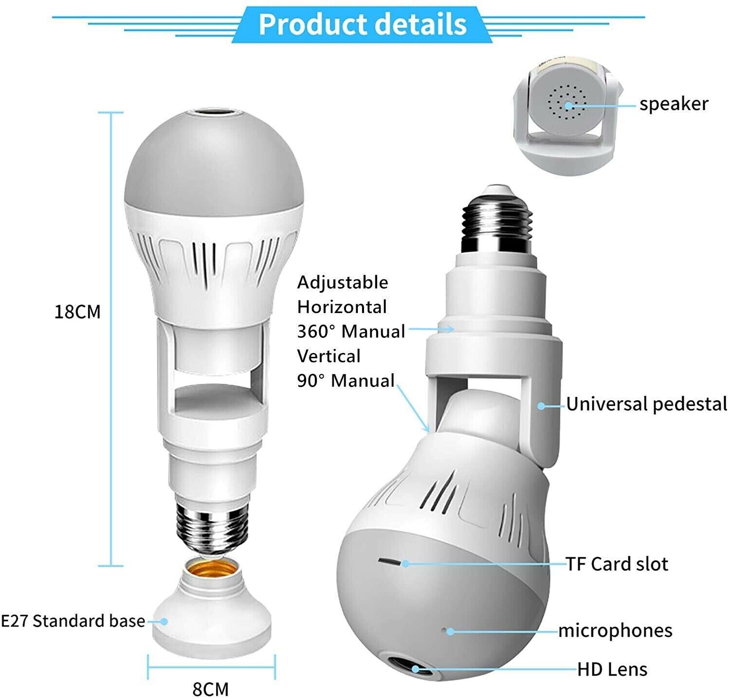 HD 1080P Light Bulb Camera Wi-Fi Security 360° Panoramic Cam Motion + 512GB SD