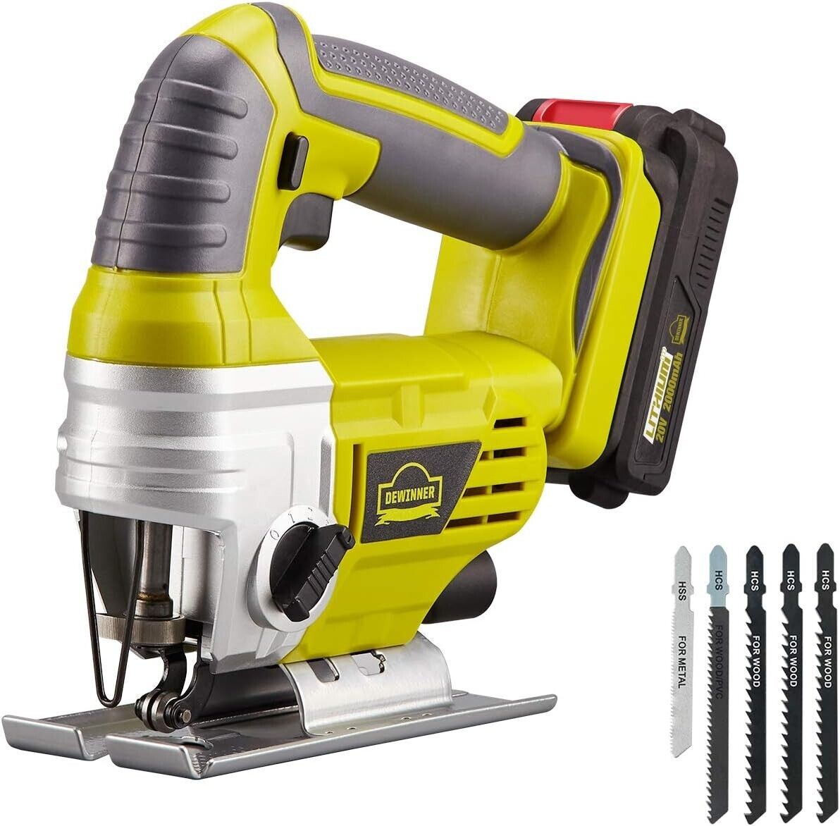 DEWINNER 20V Power Cordless Jigsaw 2.0Ah - 1 Battery, 1 Charger, 5 Blades, 0-240