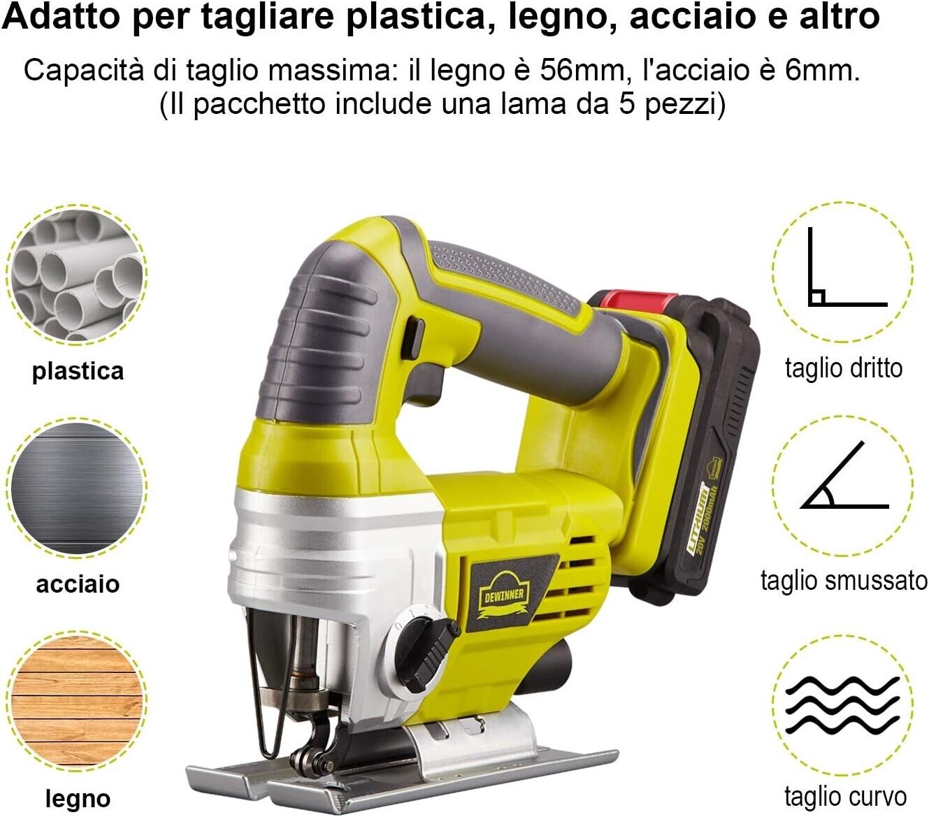 DEWINNER 20V Power Cordless Jigsaw 2.0Ah - 1 Battery, 1 Charger, 5 Blades, 0-240
