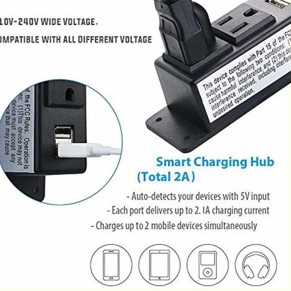 Desktop Power Strip Socket Outlet with 2 USB For Furniture Desk Recessed Grommet