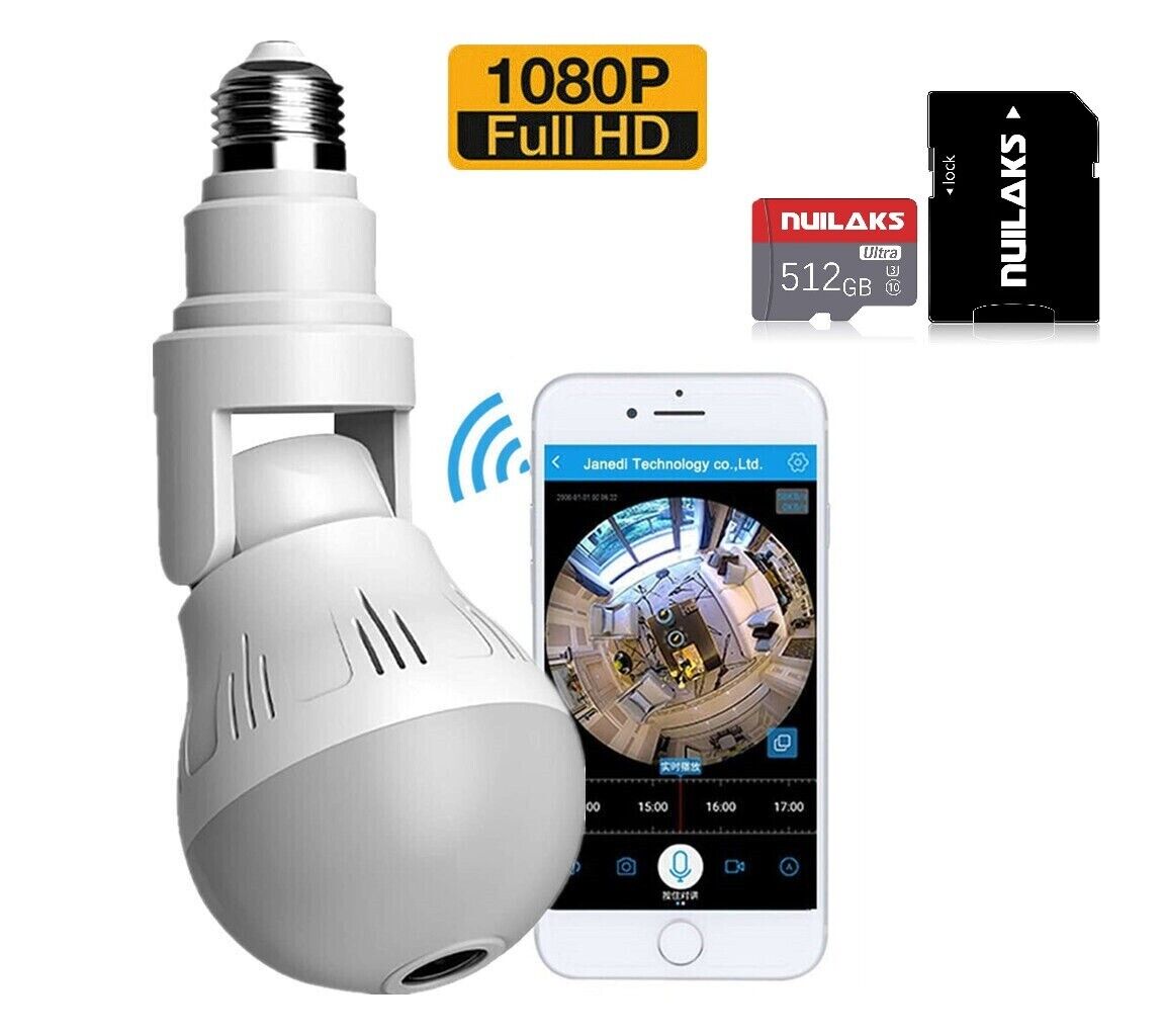 HD 1080P Light Bulb Camera Wi-Fi Security 360° Panoramic Cam Motion + 512GB SD