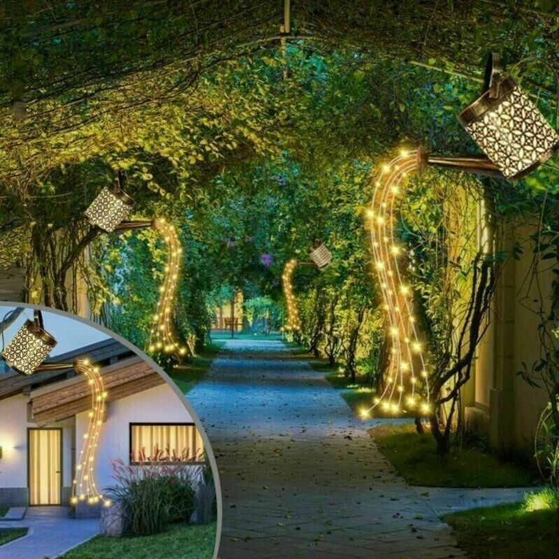 Solar LED Watering Can Fairy String Lights Outdoor Garden Yard Art Decor Lamps