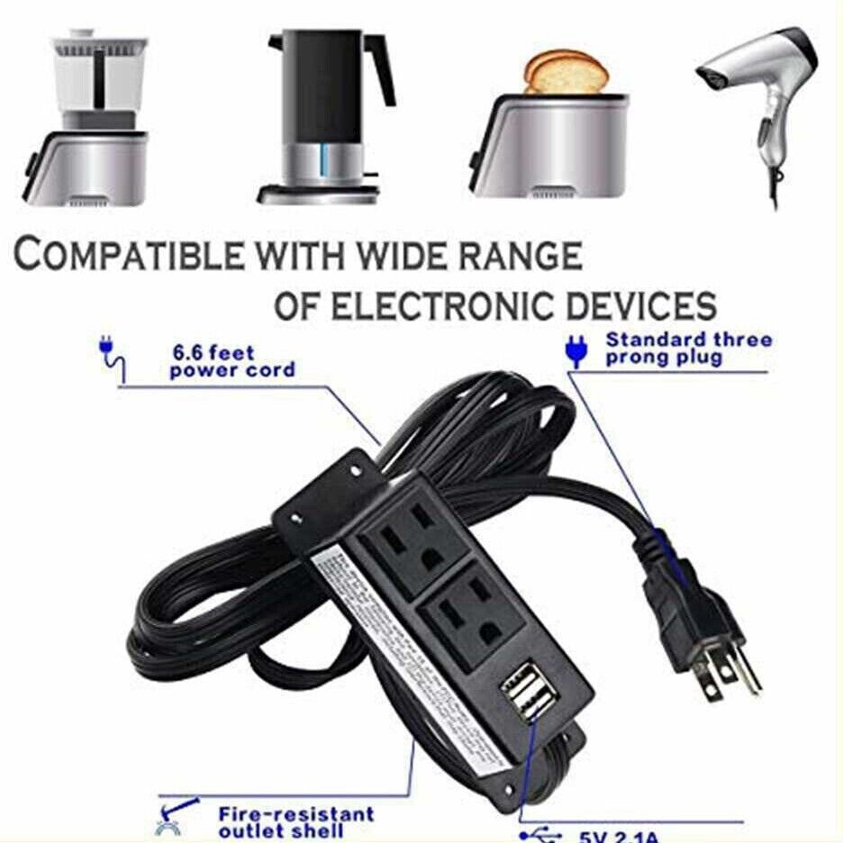 Desktop Power Strip Socket Outlet with 2 USB For Furniture Desk Recessed Grommet