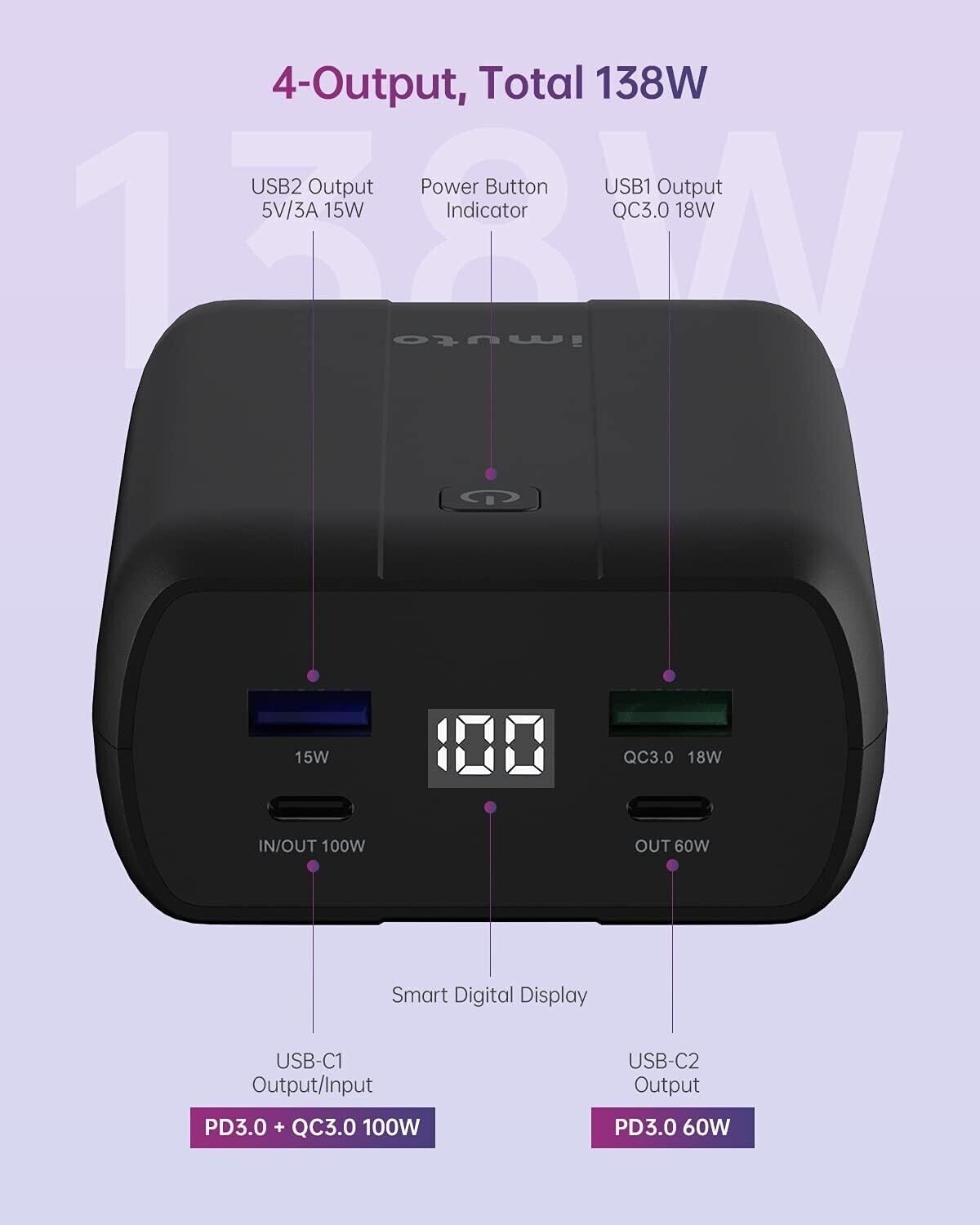 imuto X4G 100W Laptop Power Bank, 20000mAh USB C Portable Charger  Fast Charging