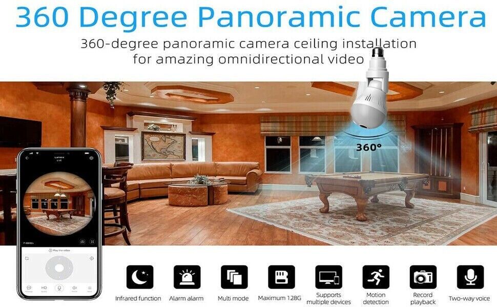 HD 1080P Light Bulb Camera Wi-Fi Security 360° Panoramic Cam Motion + 512GB SD