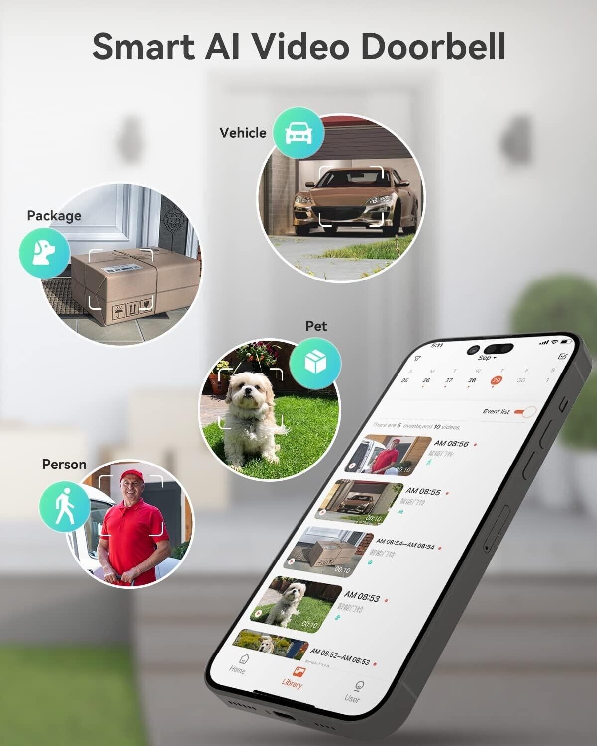 Doorbell Camera Wireless 2K Battery, Wire Video PIR Motion Detection 2-Way Talk